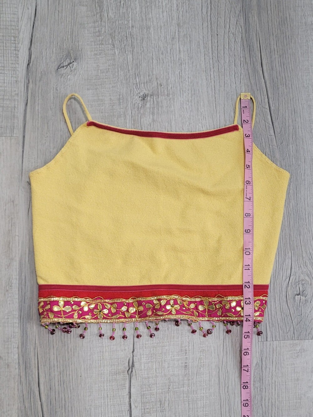 ​Vintage 90s Y2K Cache Yellow Beaded Fringe Open Back Cami Crop Top Large - Picture 11 of 13